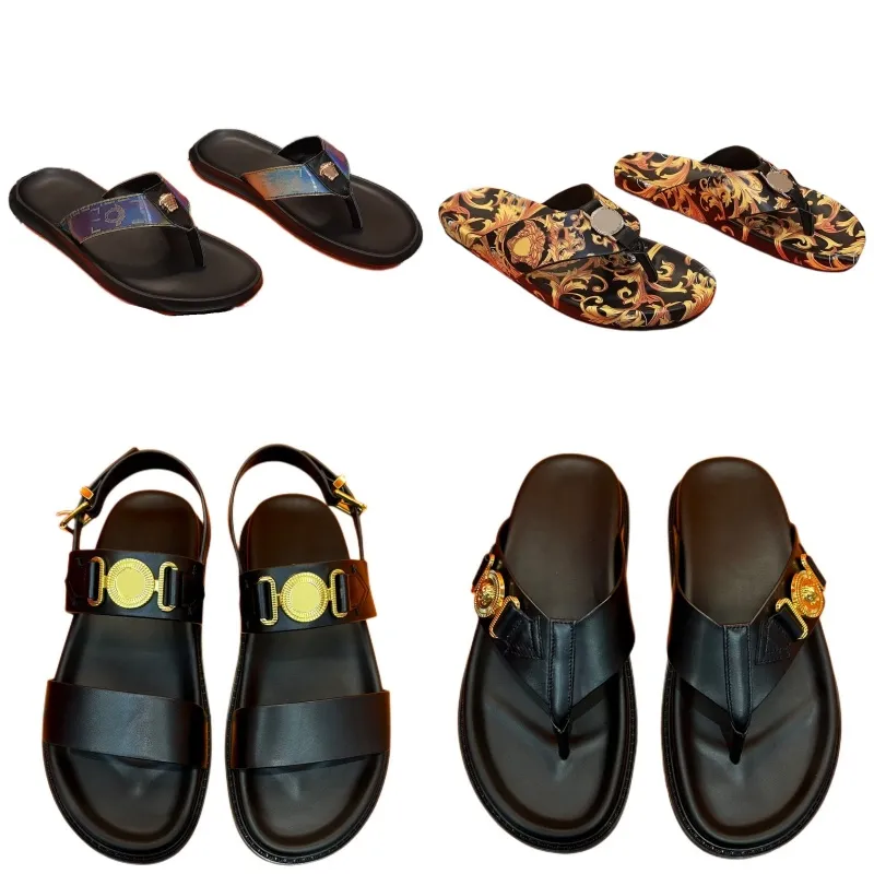 Slicers Orijinal Deri Tasarımcı Ayakkabı Lüks Erkekler Flip Flip Metal Mektup Plaj Ayakkabı Kayışları Toka Sandalları Düz ​​Topuk Dış Mekan Ayakkabı Kay Yüzme Havuzu Ayakkabıları