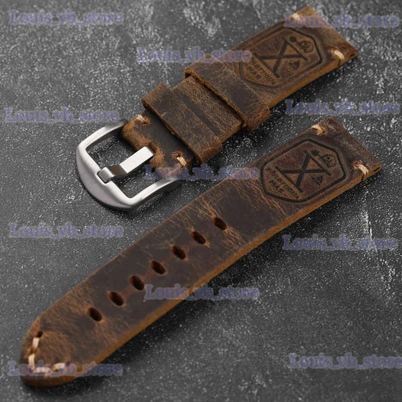 Bracelets de montre Bracelet en cuir de vachette plié à la main 20 22 23 24 26MM cuir épaissi marron Vintage Bracelet brossé T240227