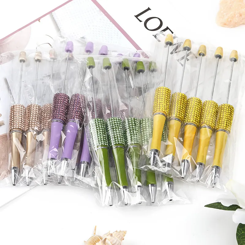 Diamond Plastic Beadable Pens Add Bead DIY Ballpoint Pens Assorted Bead Pens for DIY PPL Gift with Shaft Black Ink Writing Tool