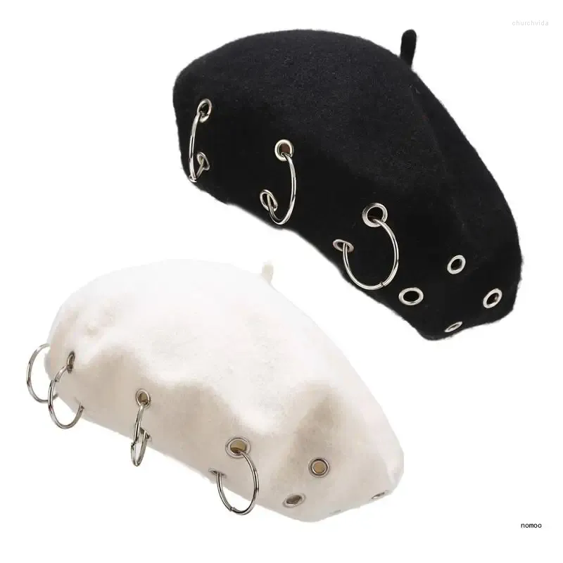 Berets Girls Wool Punk Punk Iron Ring Painter Hat octogonal pour l'hiver de l'automne