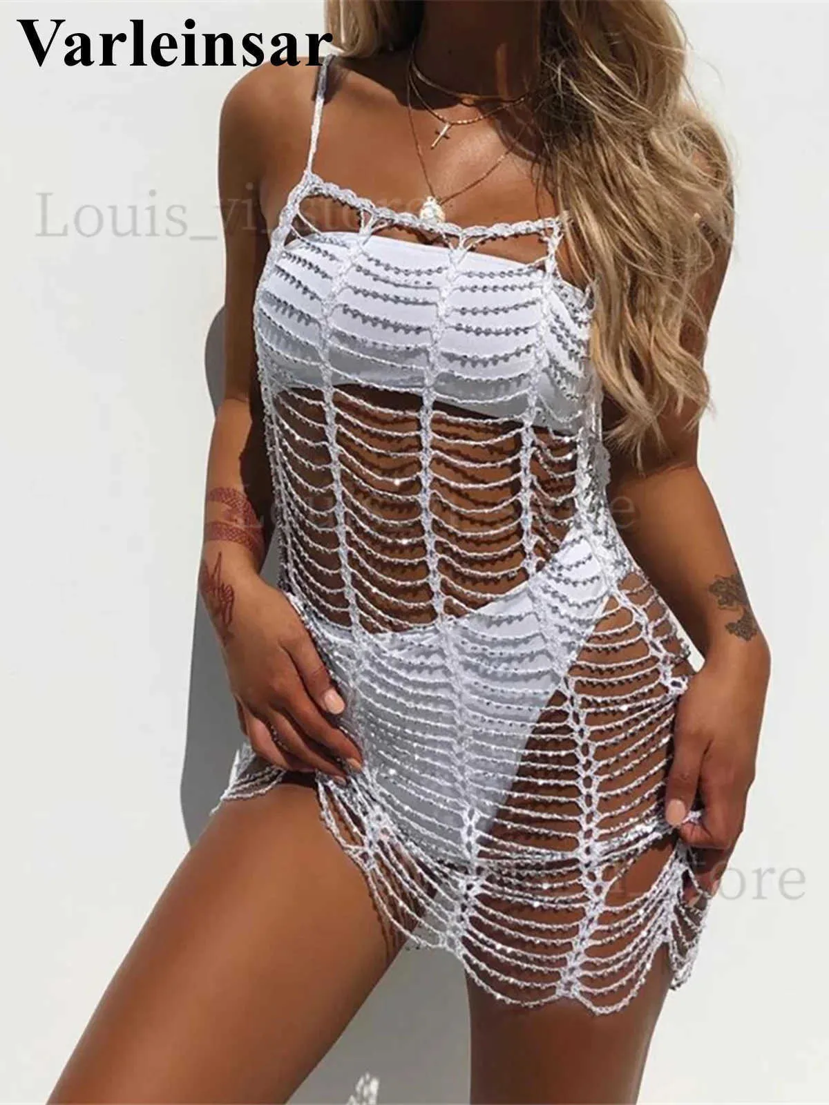 Mulheres Swimwear Luxo Bling Diamante Strass Oco Out Túnica Praia Cover Up Cover-Ups Beach Dress Beach Wear Beachwear Feminino Mulheres V4747 T240227