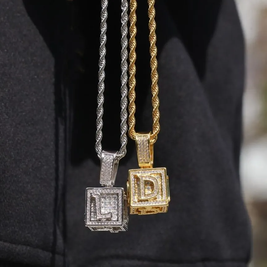 Mens Hip Hop Jewelry Iced Out Initial Letter Necklace Pendant Gold Silver Cube Dice Hiphop Necklaces290v