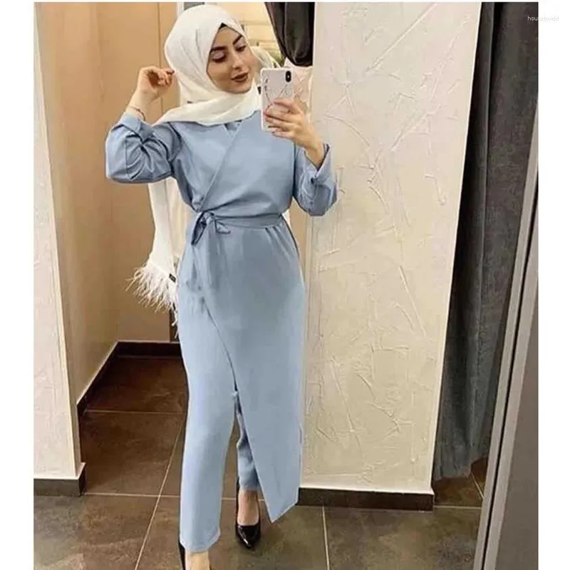 DHgate Muslim Jumpsuit Abaya Lace up Solid Color Robe in Dubai Kaftan Turkey Style Apparel