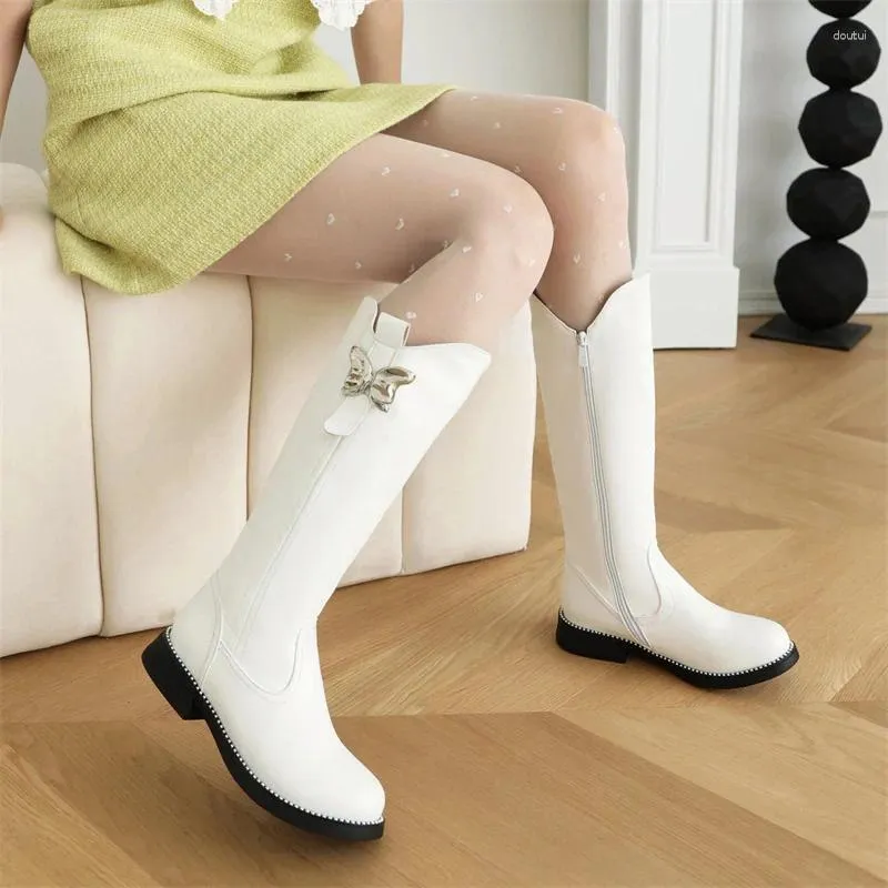 Bottes 2024 automne hiver doux nœud mi-mollet dames simple/peluche talon bas fête femmes chaussures filles noir blanc rose