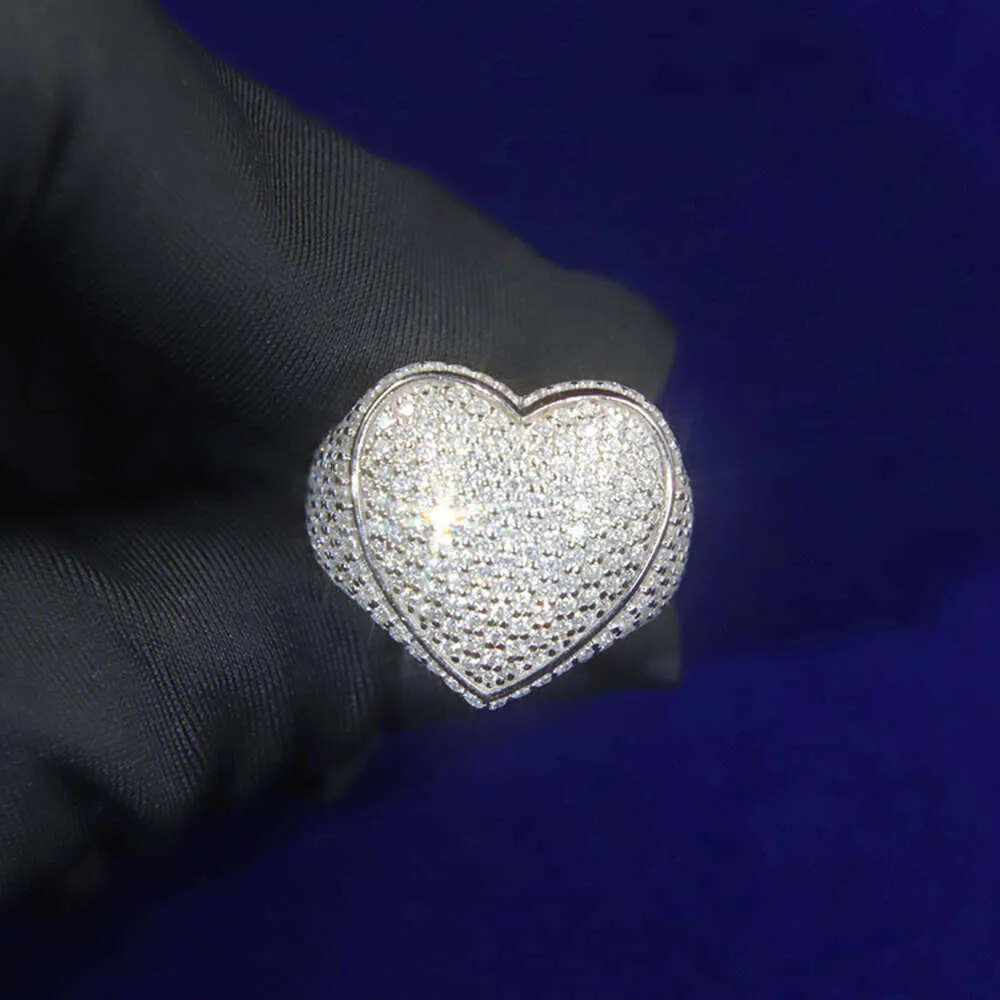 Hip Hop Jewelry Sterling Sier Heart Shape VVS Moissanite Diamond Iced Out Out Rings Rings