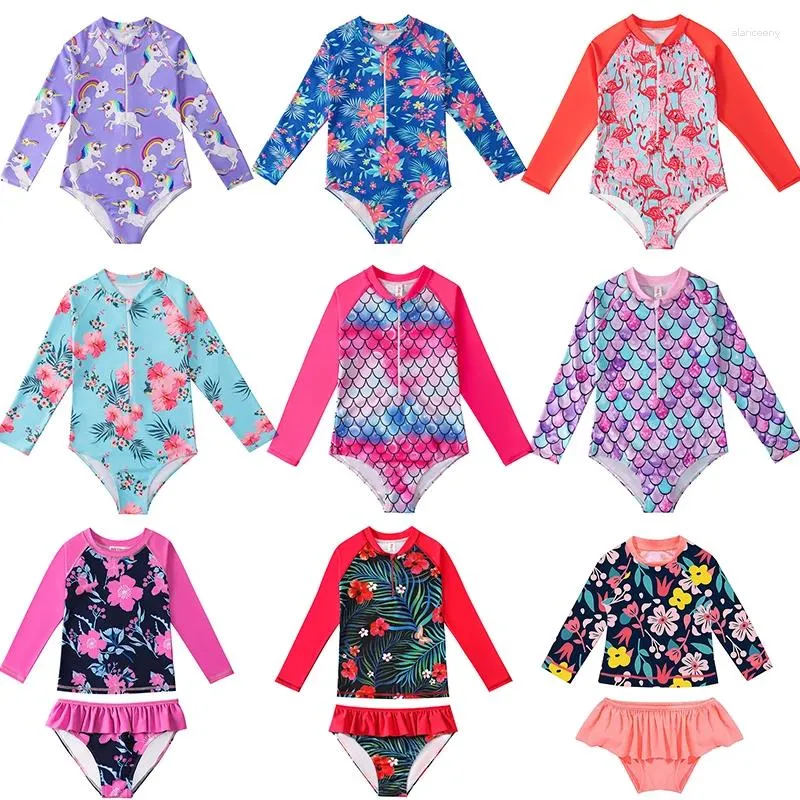 Women's Swimwear Floral Mermaid Toddler Baby Girl Long Sleeve Infant Bathing Suits Bright Ruffle Swimsuit Kids One Piece Beachwear