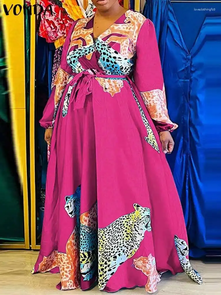 Sukienki w dużych rozmiarach Kobiety seksowna sukienka z długim rękawem 2024 Vonda Bohemian Sundress Vintage Printed Vinted Casual Belted szlafrok