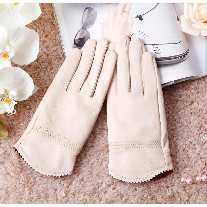 Gants en cuir véritable pour femmes, gants en peau de mouton rouge, mode automne et hiver, coupe-vent 291s