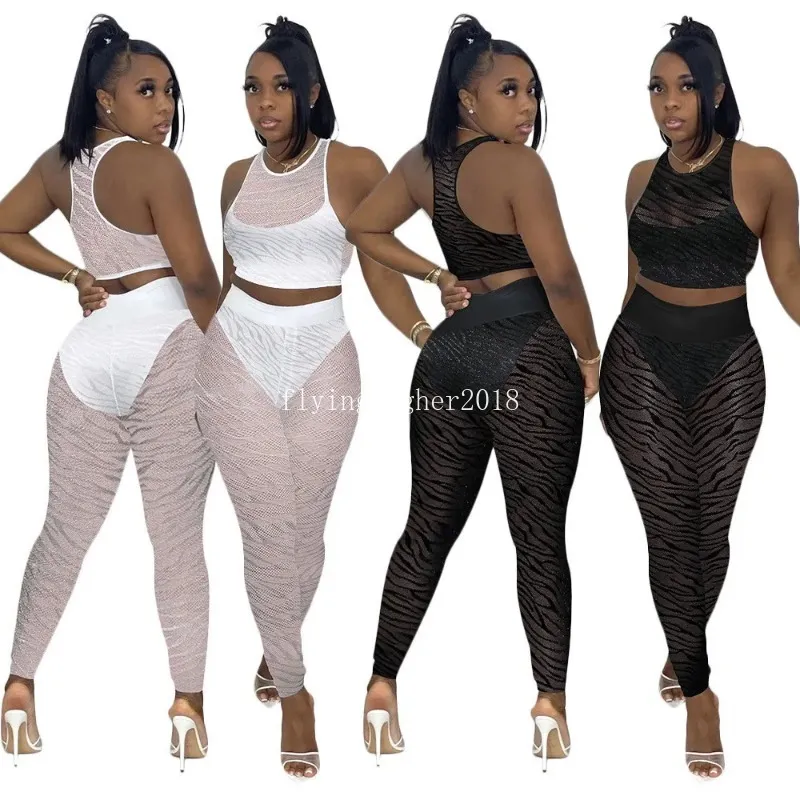 2024 Designer Survêtements Printemps Tenues Femmes Sans Manches Débardeur Crop Top Mesh Patchwork Leggings Deux Pièces Ensembles Sexy Voir À Travers Des Vêtements En Gros