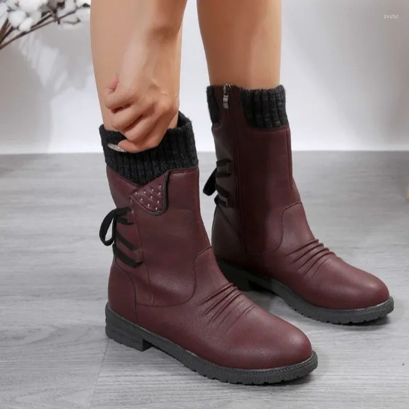 Boots 2024 Winter Fashion Elegant Womens Round Head Mid Calf Sweet ...