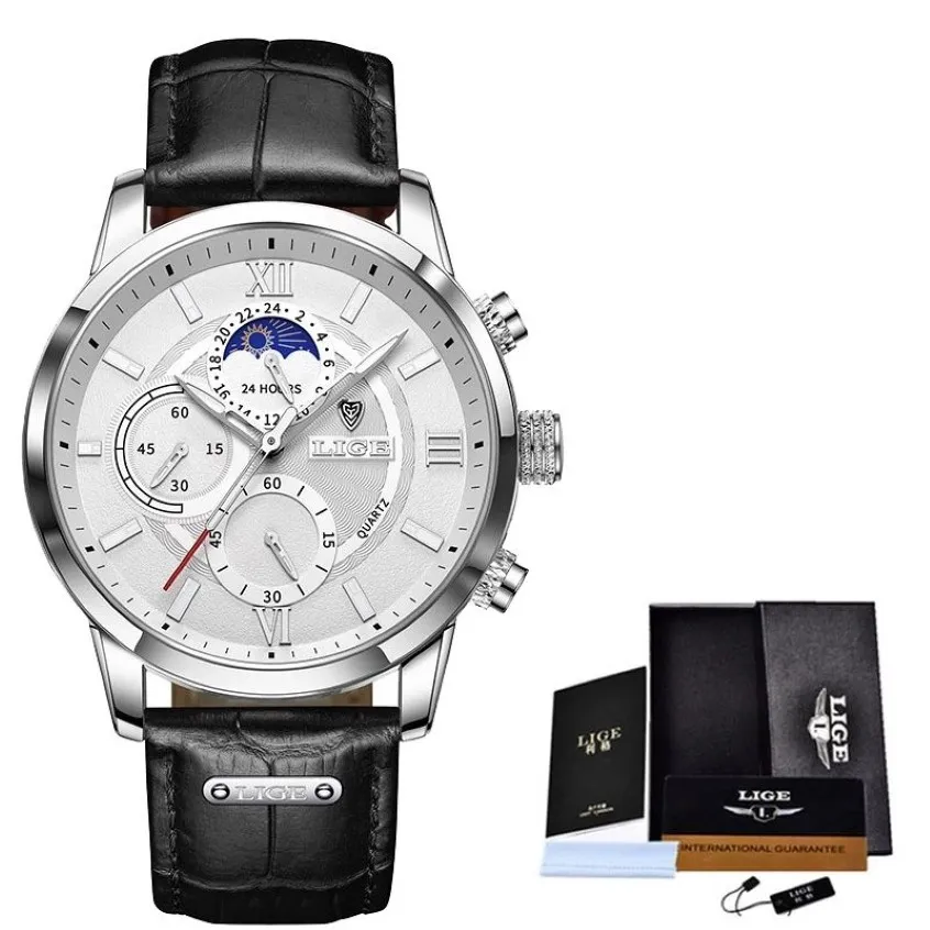 2021 LIGE orologi da uomo top brand orologio di lusso casual Leathe 24 ore fasi lunari orologio da uomo sportivo cronografo al quarzo impermeabile Box249z