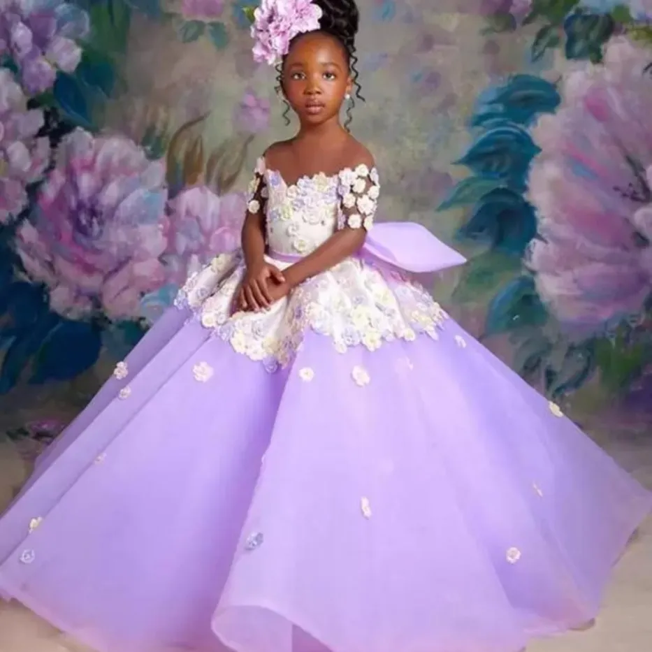 Lilac Flower Girl Dress Princess Tulle Ball Gown, Sheer Neck