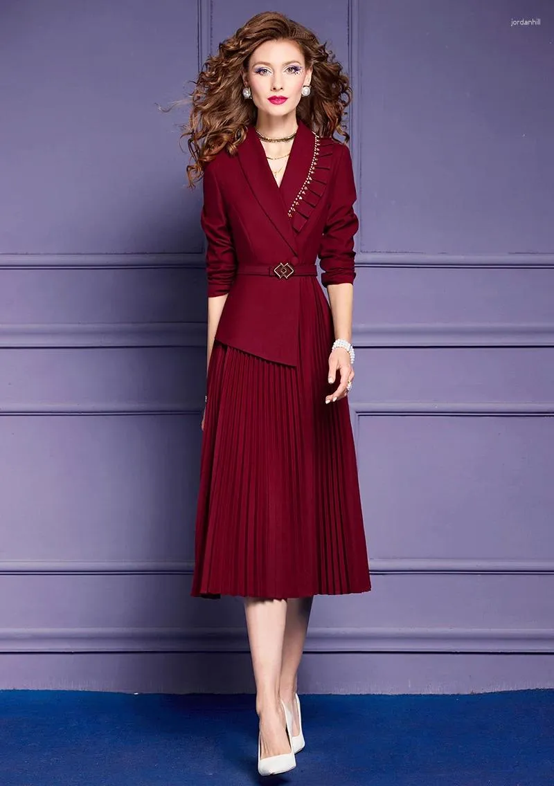 Casual Dresses Elegant Midi Pleated Blazer For Women Spring 2024 Designer Beading Ruffles Office Business Dress Party Formal Robe