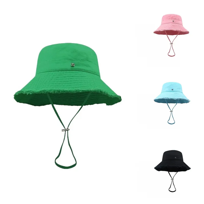 Le Bob Wide Brim Bucket Hat Designer With Drawstring Fryed Brim Front Metal Letter Chapeau Solid Cotton Mens Caps Black White Pink HJ027