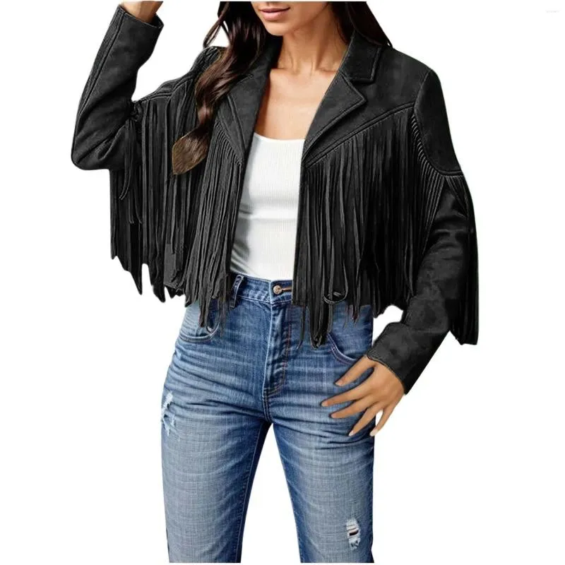 Damesjassen Lente Herfst Mode Jas Voor Vrouwen Fringe Faux Suede Leer Kwastje Motorfiets Cropped Jassen Dames