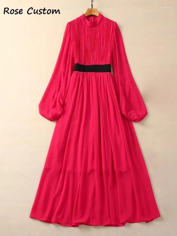 Casual Dresses Red RoosaRosee Stand Collar Long Lantern Sleeve Purple Draped Chiffon Dress European Spring Summer Women Vestidos Robe Femme