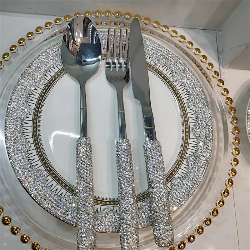 Conjuntos de luxo diamante talheres aço inoxidável garfo colher faca ouro prata talheres talheres casa cozinha louça casamento fornecimento