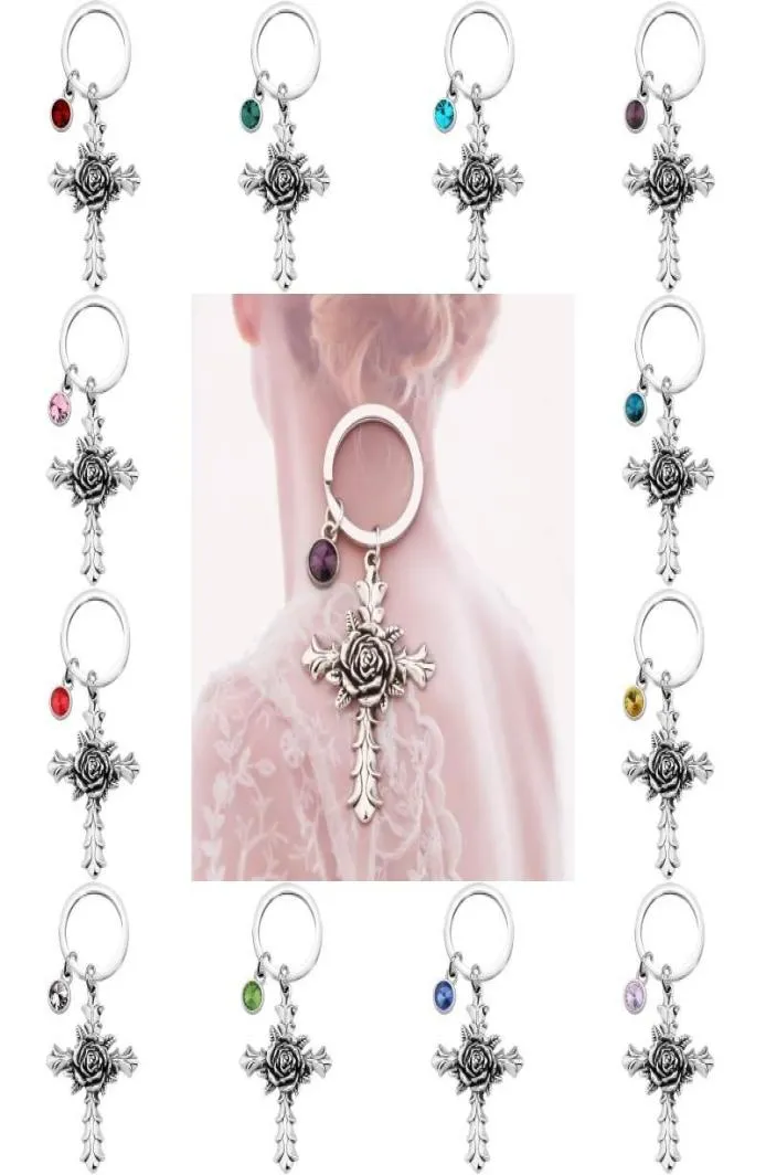 Creative Rose Cross Keychain med 12 födelsestenar smycken Memorial Gifts Bag Pendant Key Chains Religious Christian Keyrings6702355