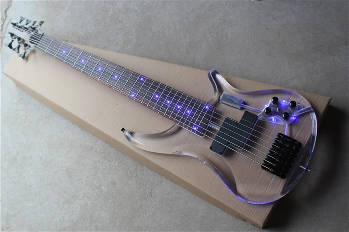 7-струнная электрическая бас-гитара синего цвета с корпусом и пластиком, органическое стекло, акрил, электрическая бас-гитара из розового дерева.