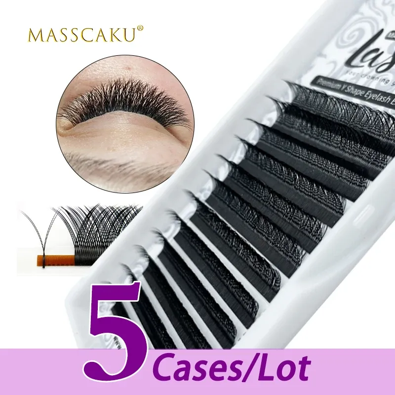 Ögonfransar 5Case/Lot Masscaku säljer 12 rader mink faux yy ögonfransförlängningar anpassade logotyp svart färg c d curl yy form ögonfransförlängningar