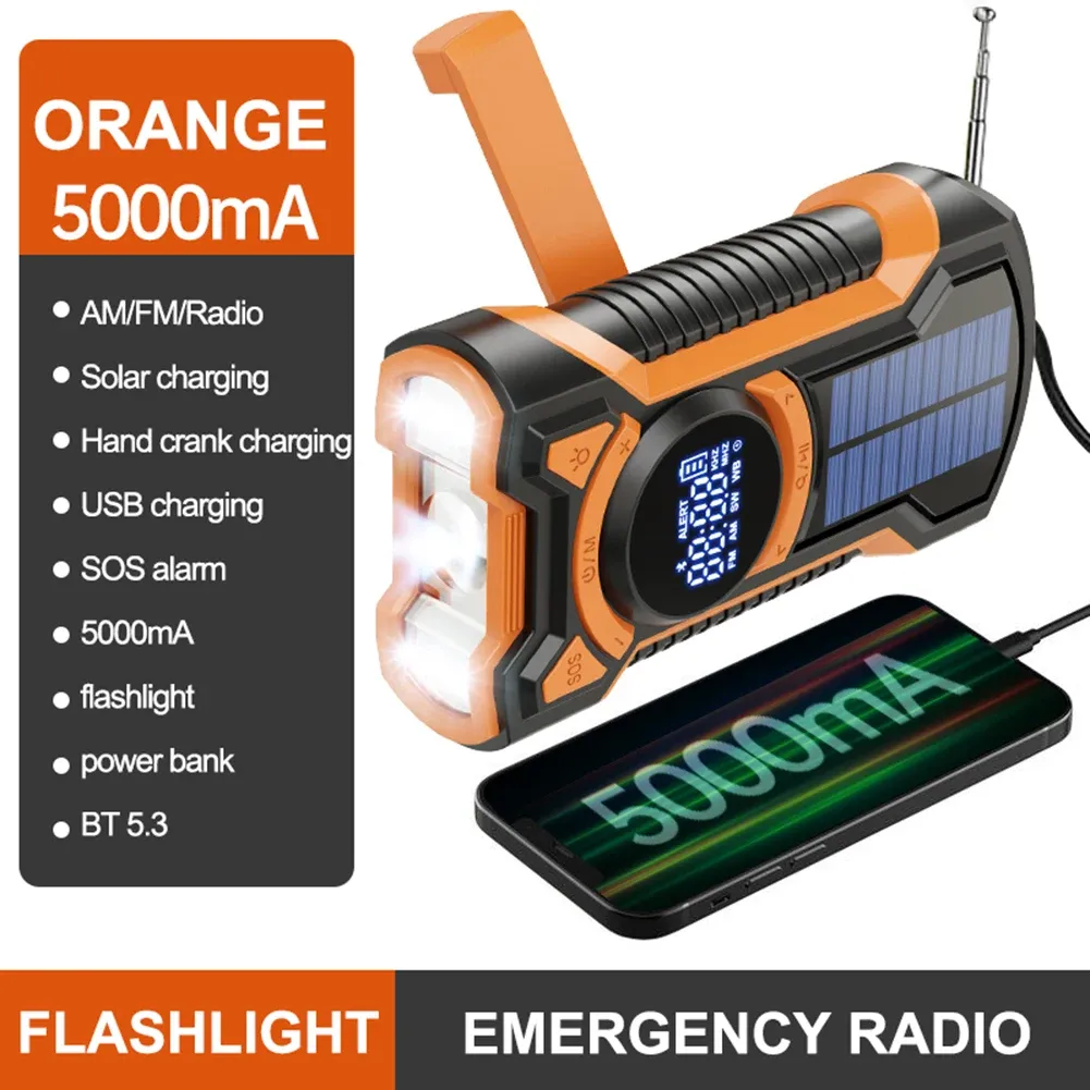 شواحن Solar AM/FM/NOAA Radio Radio Hand Hand Crank 5000mAh Bluetoothcompatible5.3 شاحن الهاتف SOS التنبيه للتخييم في الهواء الطلق