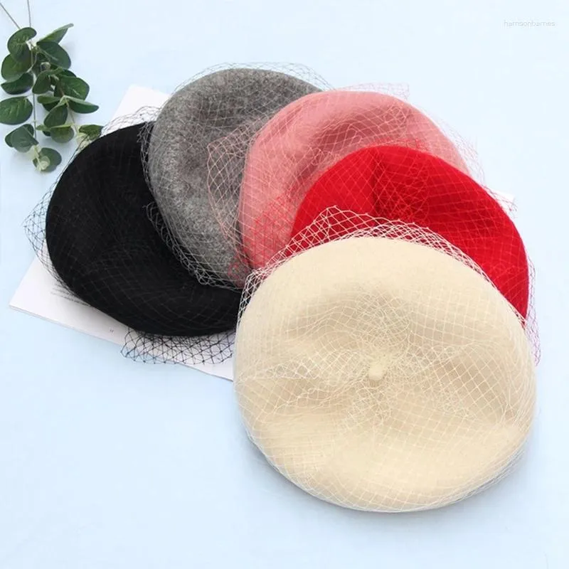 Berets Sweet Mesh Veil Elegant Women Lady French Solid Color Beanie Hat