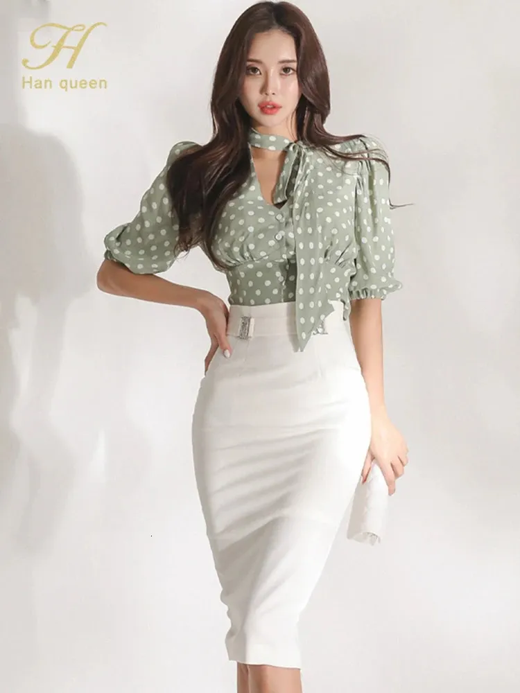 H han Queen Korean Women Summer Sexy Work Wear 2 sztuki Zestaw Bluzki wysokiej tali