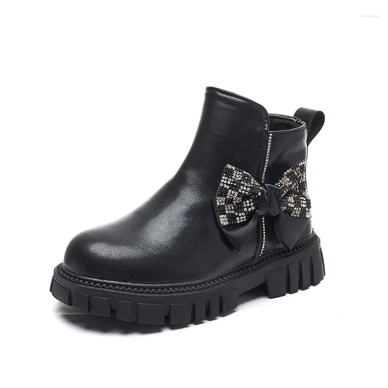 Stiefel England Stil Allgleiches Schwarze Kinder Schuhe Mädchen Knöchel Mode Herbst Plaid Schmetterling-knoten Für Kinder F07263