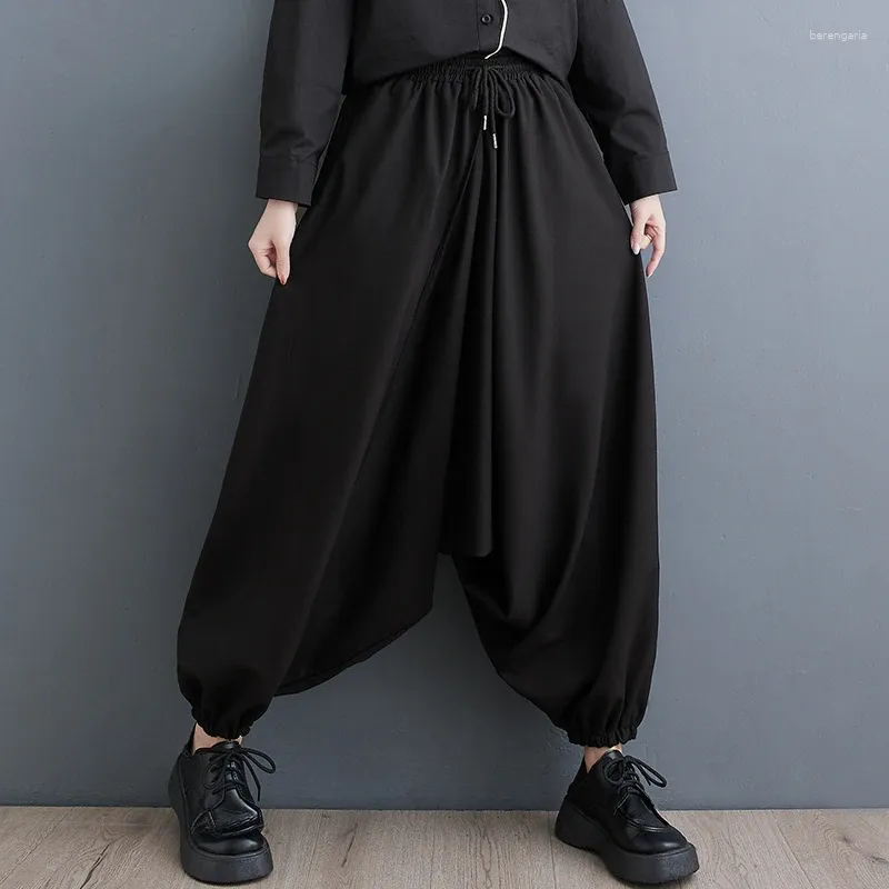 Calças femininas estilo japonês cintura alta escuro preto chique primavera casual pendurado virilha rua moda mulheres soltas perna larga harem
