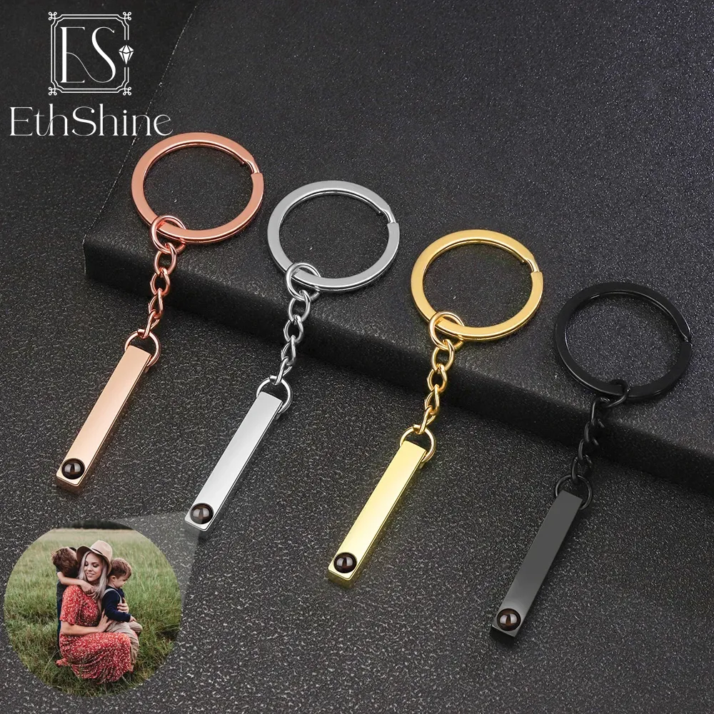 Chains EthShine Projection Photo Keychain Stainless Steel Bar Pendant Custom Photo Keychain For Women Men Friends Christmas Gifts