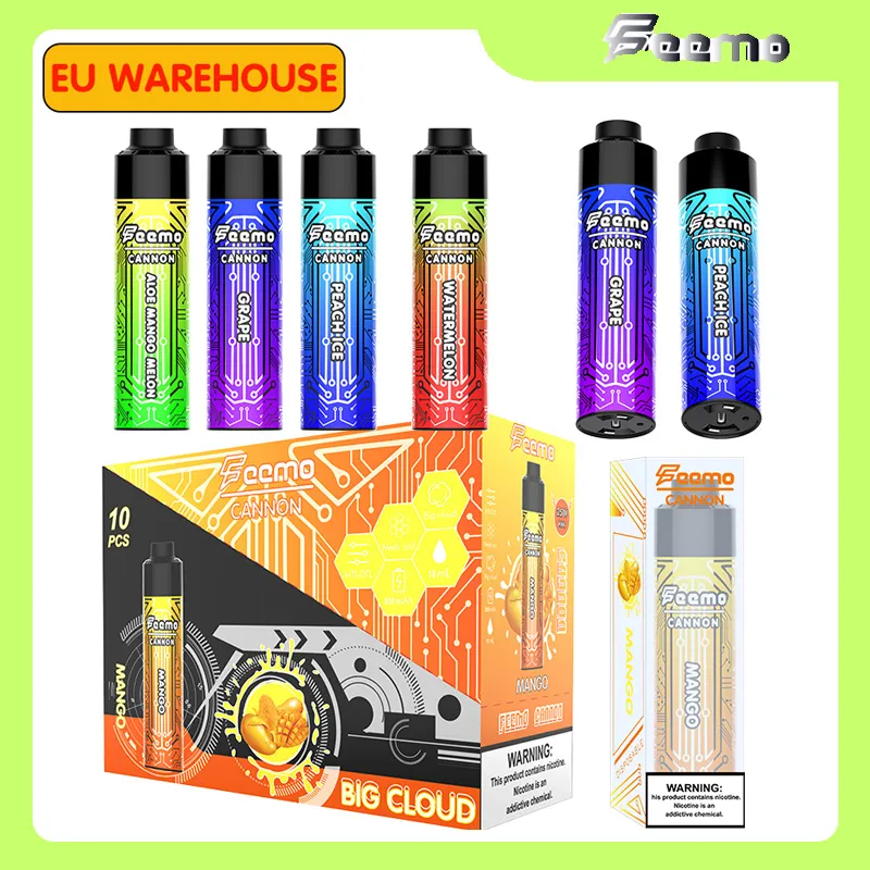 EU US Shipping Stylo Vape jetable Big Cloud Feemo Cannon DTL Big Puff E cig Puff 12000 10000 18ML Puff prérempli 10K vapes charge de câble de type C avec 0,5ohm rechargeable