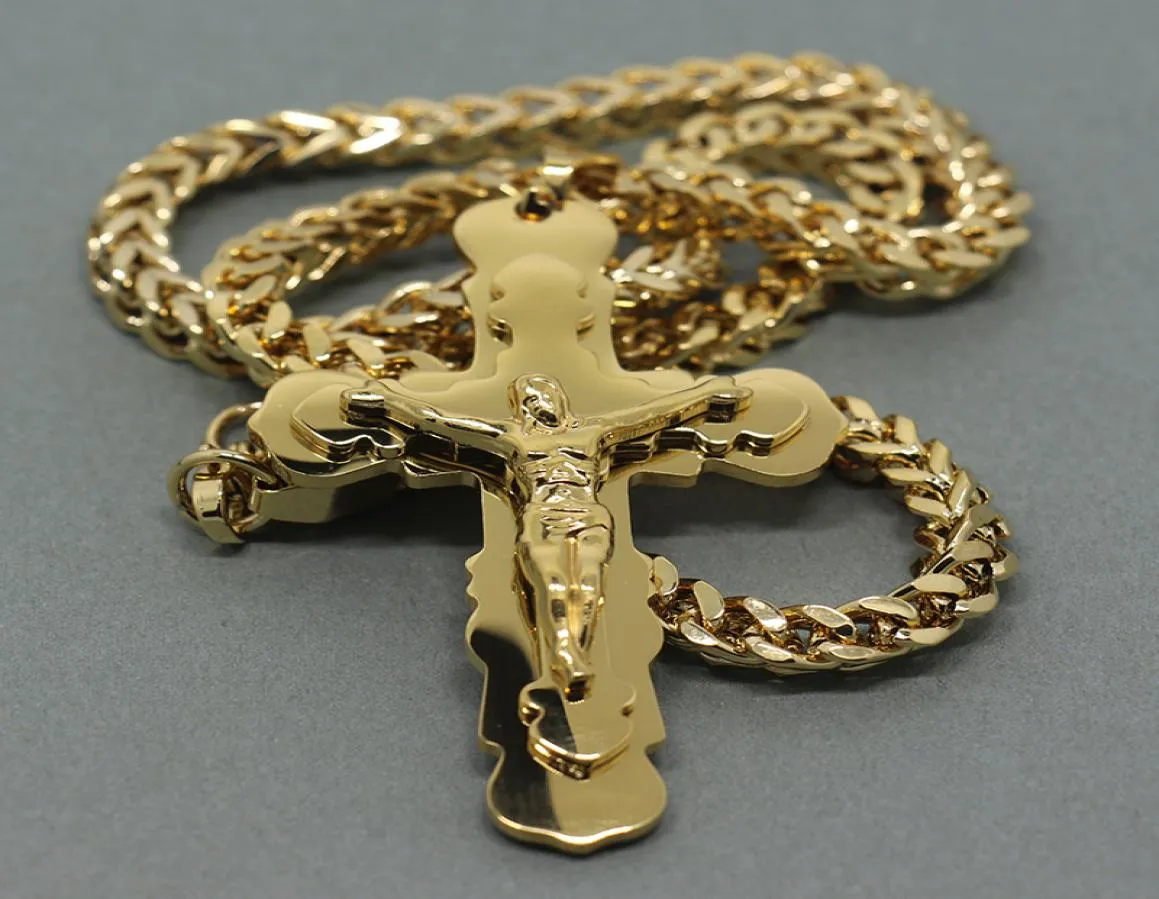 Nouveauté mode couleur or jésus Christ Crucifix en acier inoxydable pendentif collier 22 "chaîne pour man1119793