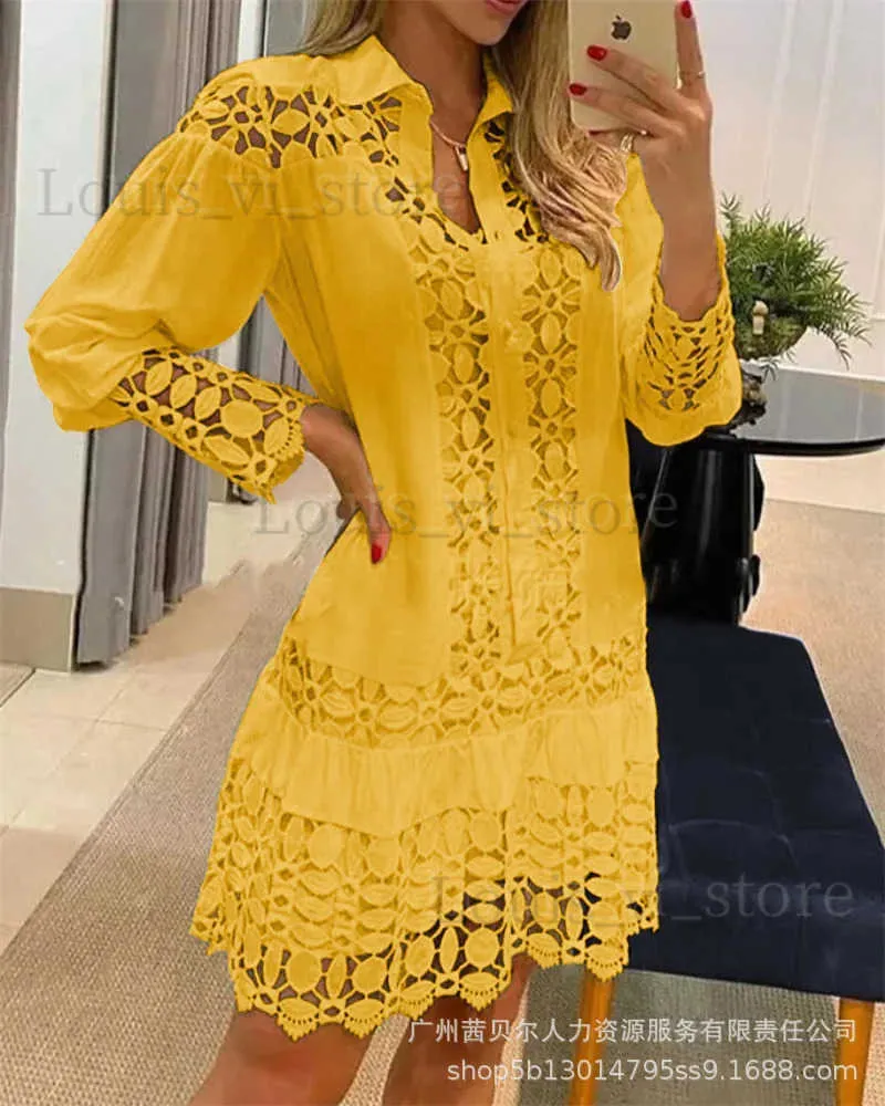 Basic Casual Dresses Hollow Out Floral Solid Color Fashion Casual Sexy Guipure Lace Patch Shirt Dress Mini Dress Y2K No Linning T240227