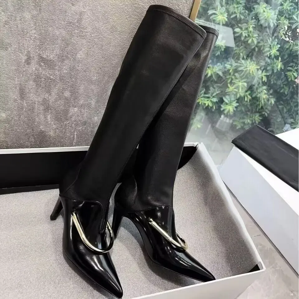 2024 Designer Women Knee Boots Luxury Point Toe High Heels Shoes Patchwork Metal Decoration Botines Para Mujeres ELEGENT BOTA FEMININA JS