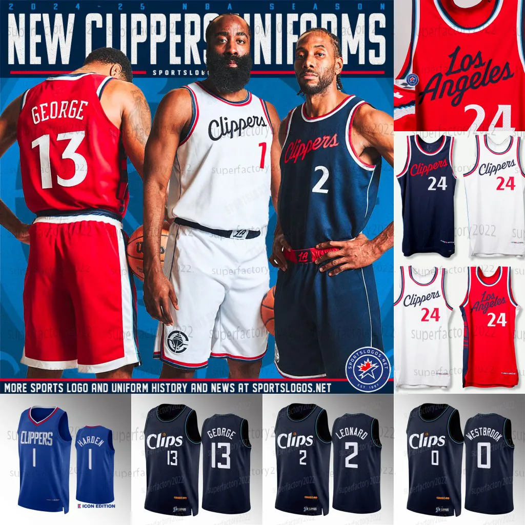 1 Harden Clipperes 2024 25 Season New Basketball Jerseys Paul George Bones Hyland Kawhi Leonard Terance Mann Norman Powell P.J. Tucker Kobe Brown
