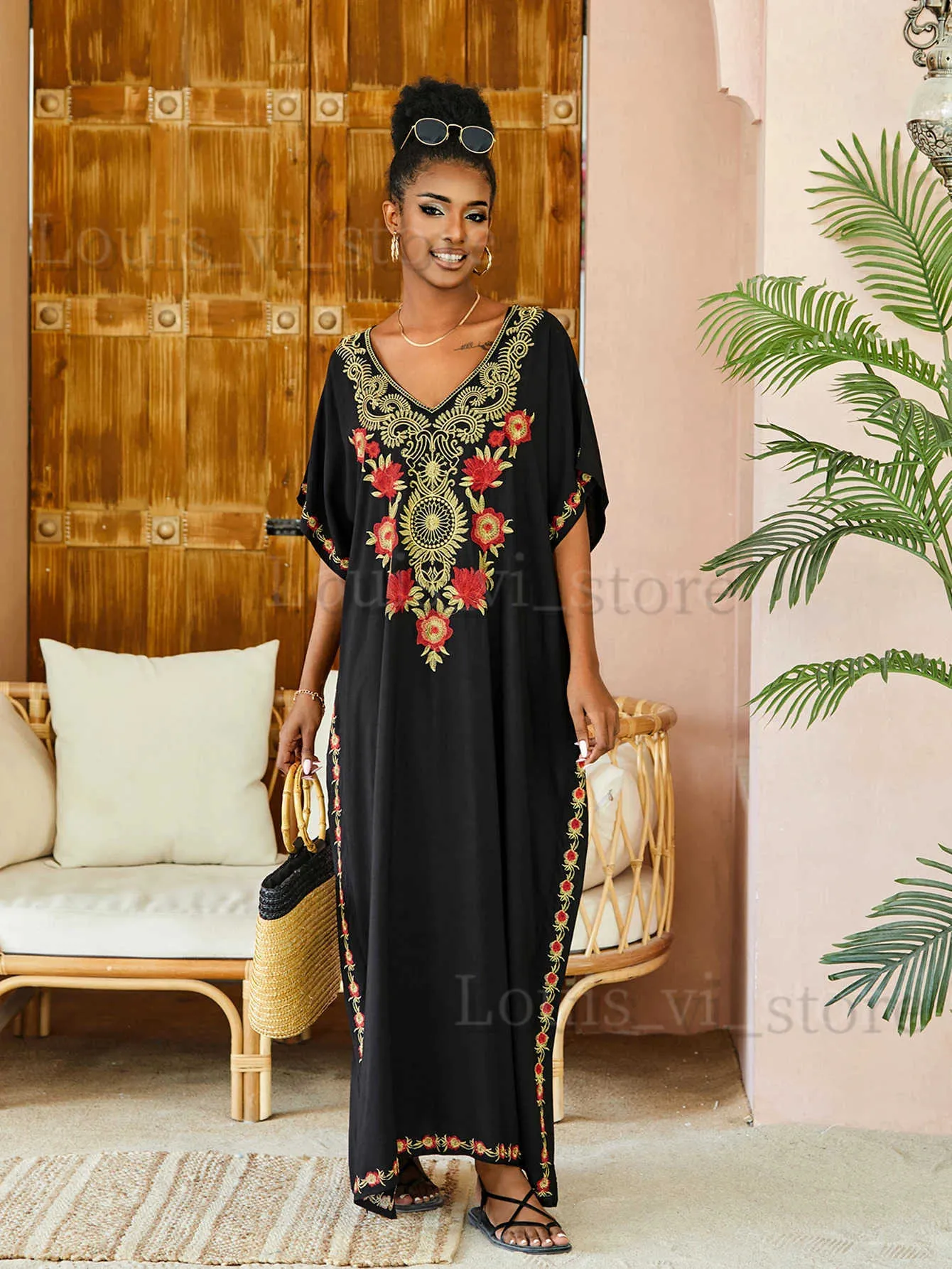 Robes décontractées de base chic brodés Boho Longs Femmes Kaftan Retro surdimensionné 2024 Robe d'été tenue pour femmes Vêtements Plage robes Q1490 T240227