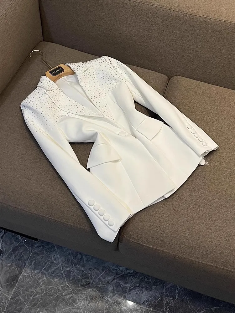 2024 Spring White Solid Color Drilling Hot Drilling Two Two Two Stists Long Sleeve Lacked-Lapel أحادي البوتين