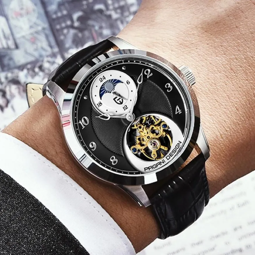 Armbandsur pagani design mode män mekanisk titta på lyxiga sport läder tourbillon automatisk 100 m vattentät224u