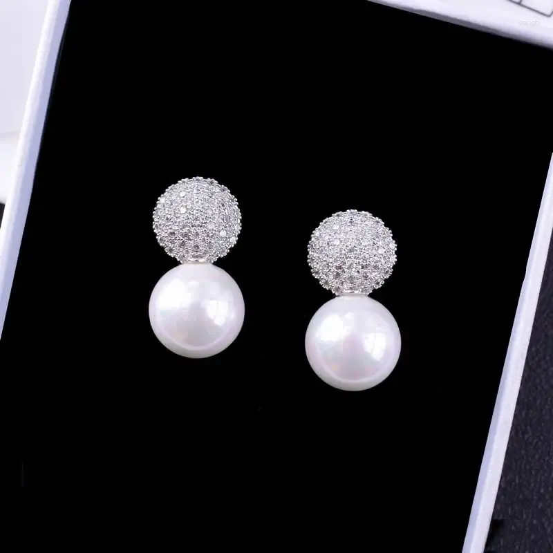 Baumeln Ohrringe 2024 Luxus Micro Gepflasterte Zirkon Perle Ball Drop Für Frauen Elegante Party Mode Ohrringe Brincos Geschenke