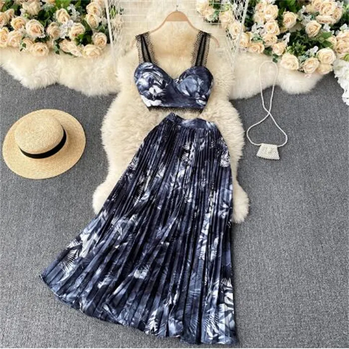 Summer Women Two Piece Dress Set Sexiga stropplösa modekprickar Tryck spetsar och hög midja veckad kjoldräkt