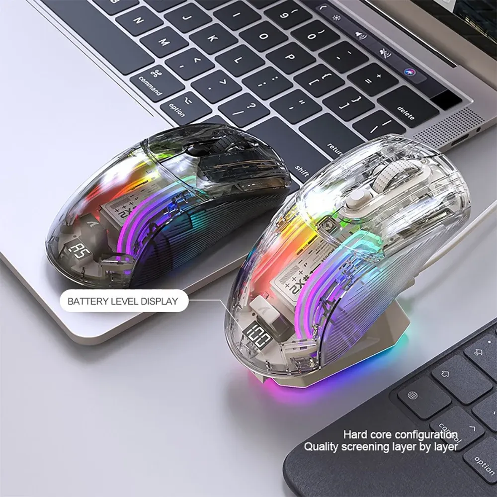 Mäuse ThreeMode 2,4 G kabellose Bluetooth-Maus, transparente Maus mit Ladestation, Power-Display, RGB-Licht emittierende Maus