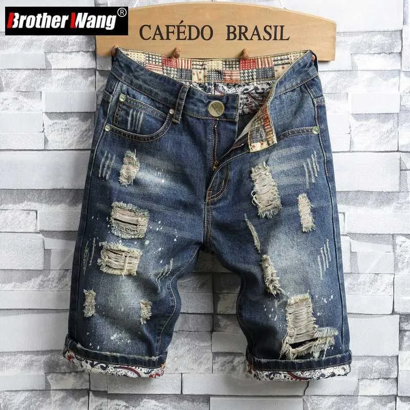 Men's Shorts Mens hole denim shorts 2023 summer new fashion casual slim fit tear vintage short jeans mens brand J240228