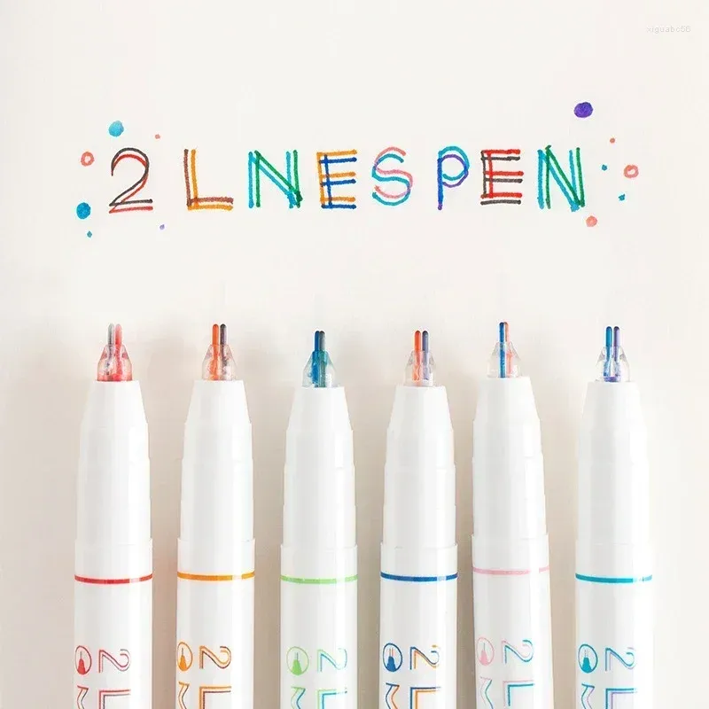 6st/set 2 linjer gelpennor 0,5 mm färgglada bläck Highlighter Art Marker DIY Ritning Målning Graffiti Kawaii Stationery