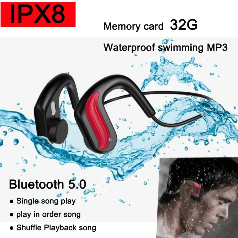 Spelare nyaste IPX8 Vattentät MP3 Musik Player Bone Conduct HEADSET Simning Diving32GB Byggt minnesbredlur för Xiaomi Huawei