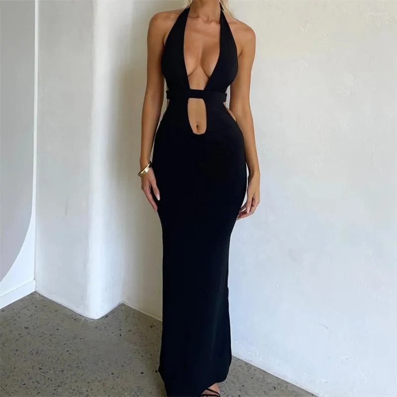 Casual Dresses Puloru Women Sexy Deep V Bodycon Long Dress Sleeveless Backless Tie-up Halter Neck Wrappy Cocktail Party Club Streetwear