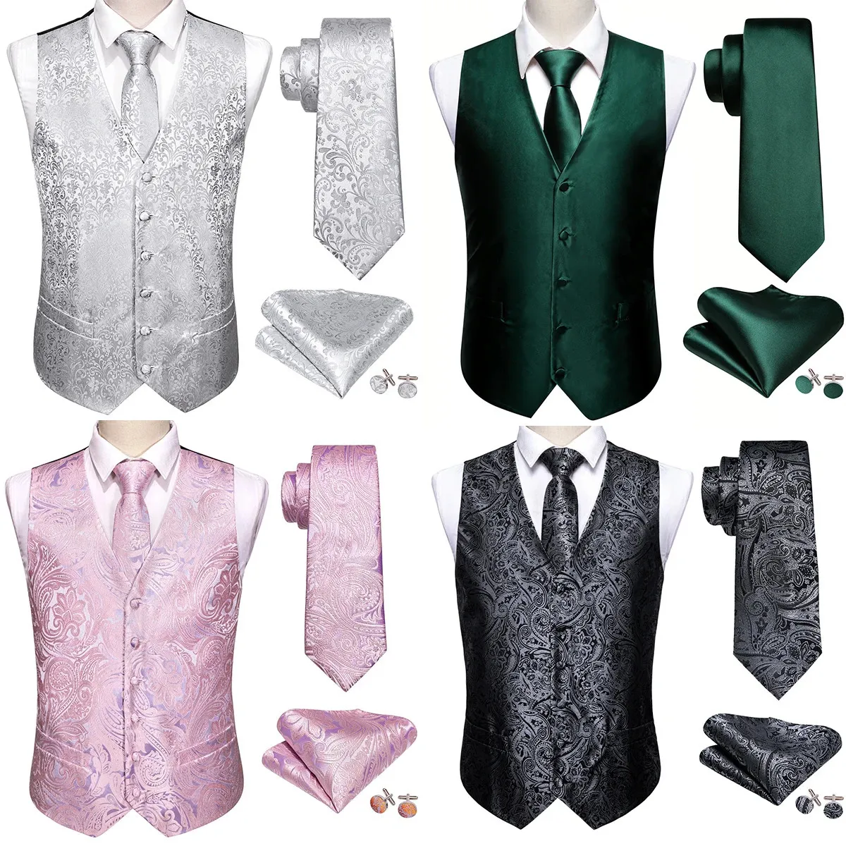 Silk Vest for Men Oversized 4XL Black Silver Green Pink Red Purple Gold Slim Suit Waistcoat Hanky Cufflinks Set Barry Wang 240228