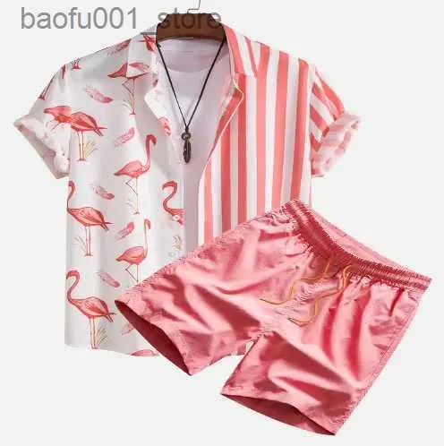 Men's Tracksuits Mens Hawaiian flamingo striped print set casual street clothing button up short sleeved shirt and beach shorts set mens 2023 summer two-piece Q240228