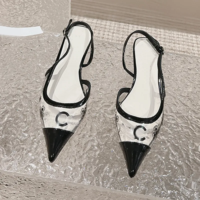 Pantofole di nuova marca Sandali con tacco basso Pantofole con tacco alto da donna di lusso Stiletti con sandali a punta in pelle trasparente Scarpe eleganti da festa Box 35-41