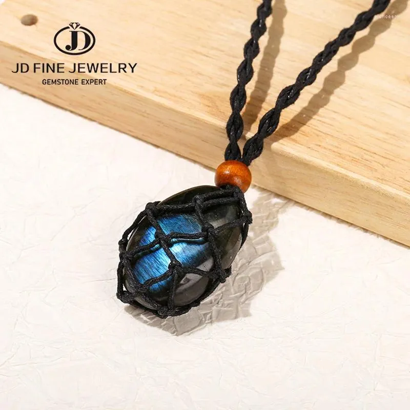 Collana Orecchini Set JD Pietra Labradorite Naturale Corda Nera Maglia Pietra di Luna Ciondolo Pendolo Donna Uomo Ciondoli Irizzati Blu Irregolare Regalo