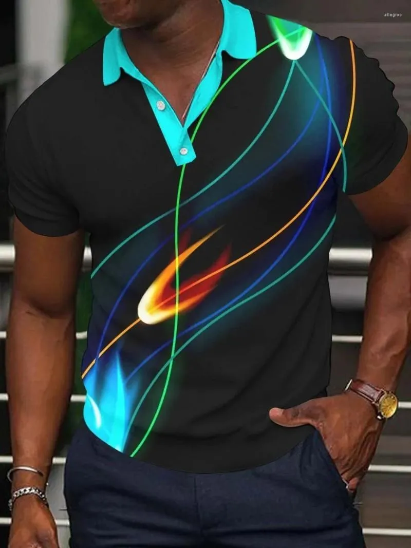Polos masculinos com estampa casual de lapela camisa polo com estampa 3D com zíper e gola regular